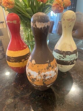 Distressed Wooden Bowling Pin Accent Set - Red, Brown, Cream